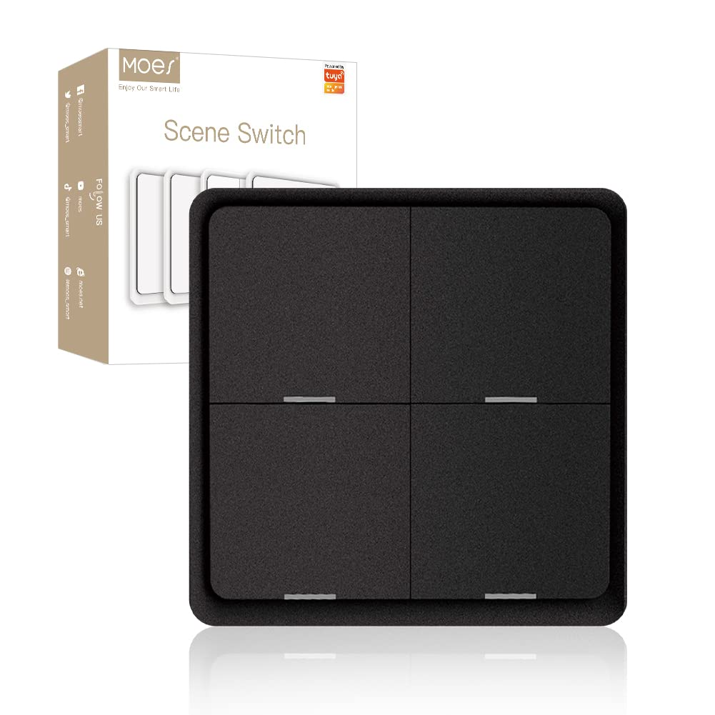MOES Wireless Smart Scene Switch Button, Require MOES HUB, Zigbee Connection Tuya Battery Powered Included 12 Scene Controller for Smart Home Automation 4 Gang Black