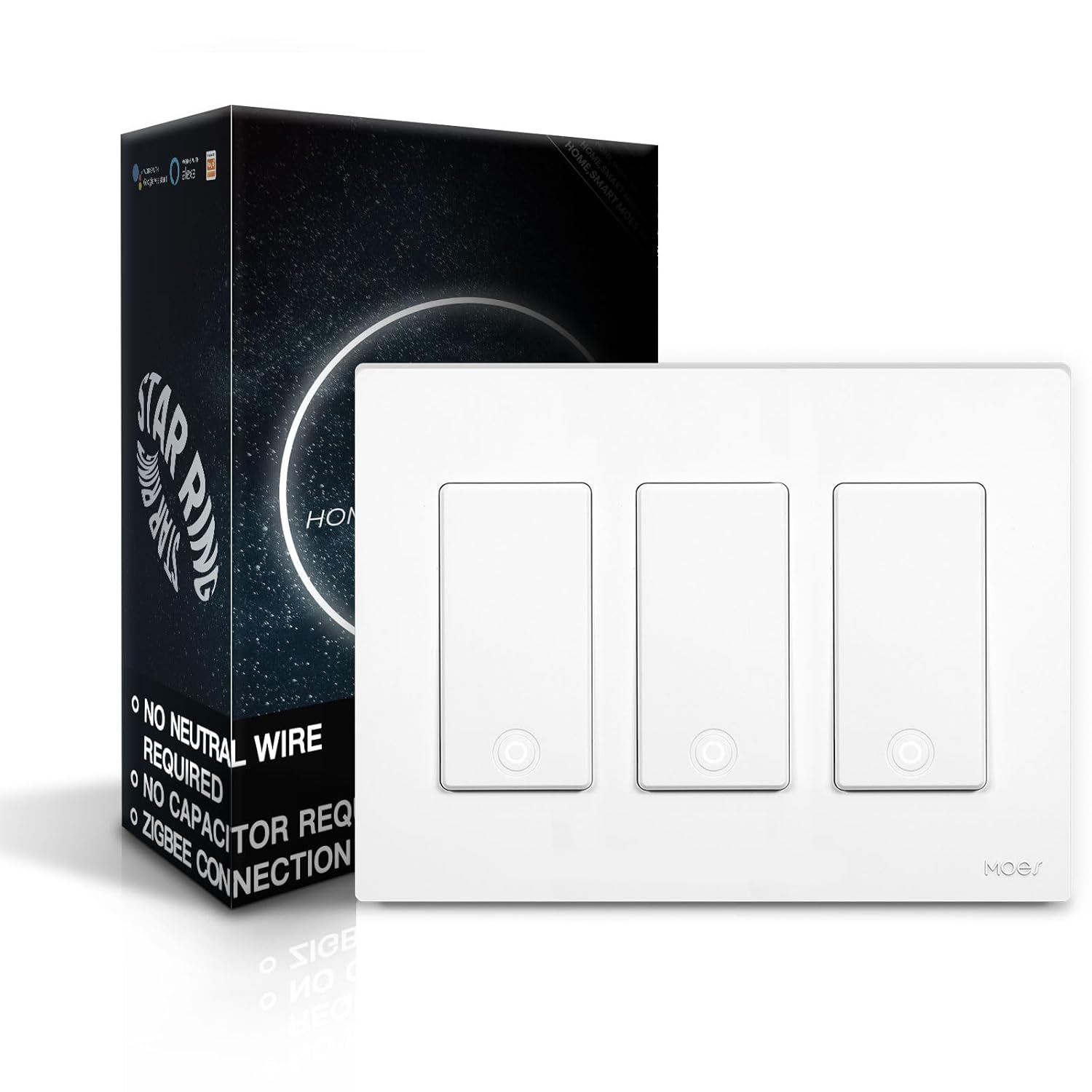 MOES Zigbee Smart Switch 3 Gang, No Neutral Wire Required, Inteligente Single Pole Light Switches, Compatible with Alexa Google Assistant, Remote Control, Require MOES Zigbee Hub