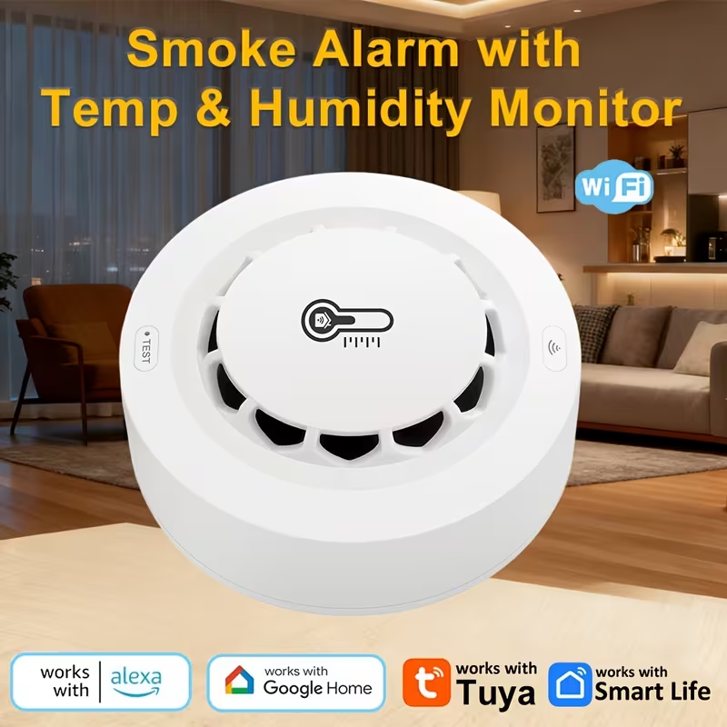 Tuya Wifi Combination Home Fire Safety Sensor Temperature Humidity Sensor 80Db Sound Home Safety Alarm AAA Battery Powered House Combination Firefighters