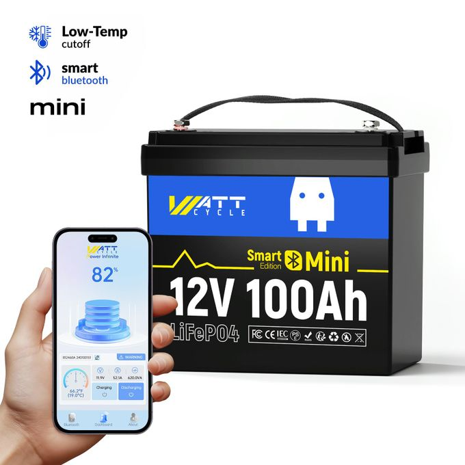 WattCycle 12V 100Ah LiFePO4 Lithium Mini Battery with Bluetooth, Smart 100A Battery Management System - 15000 Cycles, 10 years lifespand, 1280Wh engery for RV, Marine, Solar Energy Storage, Backup pow