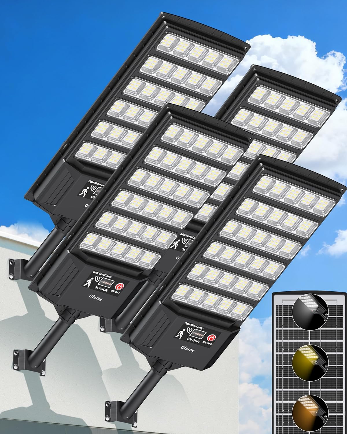 Ofuray Solar Lights Outdoor Waterproof, 3000K/4000K/6500K Dusk to Dawn Solar Security Light with Motion Sensor & Remote Control, IP66 Waterproof High Power LED Lighting for Wall,Yard,Outside Tri-4P