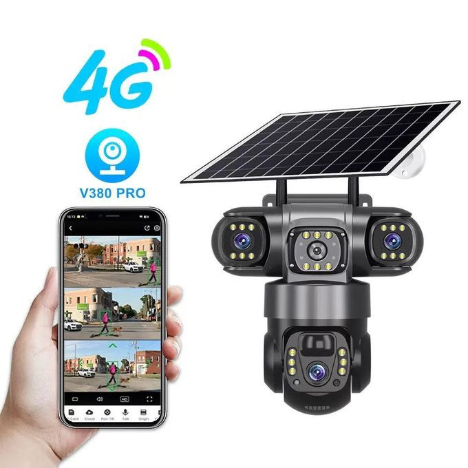 Triple Lens 4G Solar CCTV Camera – Wireless Outdoor PTZ Security Camera with Night Vision, Motion Detection, SIM Card & V380 Pro App (T30)